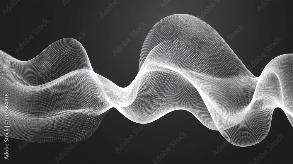 Poster fine white smoke trails with a soft glow, curling and looping in a complex pattern against a deep bl
