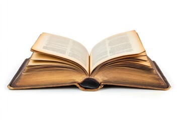 Obraz premium Open vintage book with aged pages on a white background, symbolizing history, education, and classical literature, ideal for libraries, schools, and cultural themes..