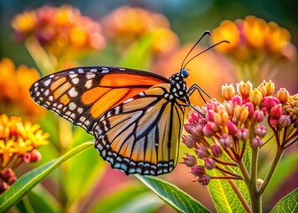 Naklejka premium Monarch Butterfly on Milkweed Flower - Close Up Documentary Style Photograph