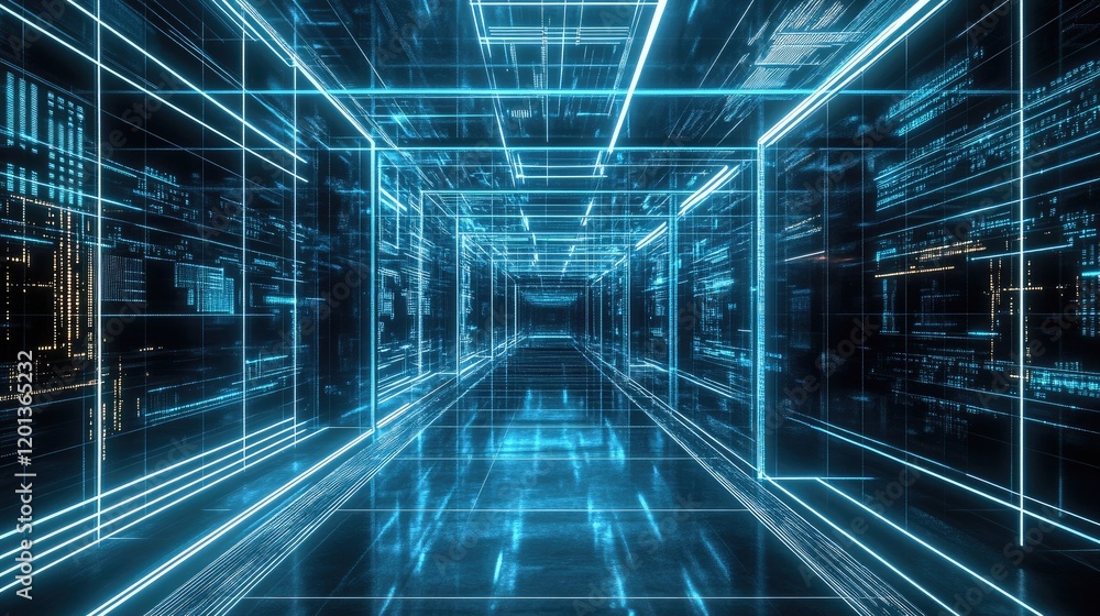 Poster futuristic digital grid with interconnected lines and nodes in blue tones, symbolizing technology an