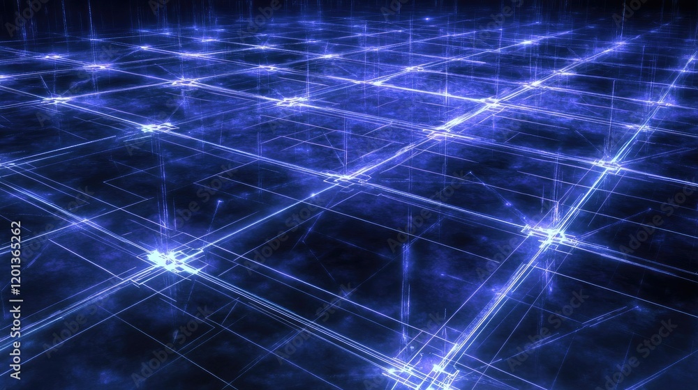 Poster futuristic digital grid with interconnected lines and nodes in blue tones, symbolizing technology an