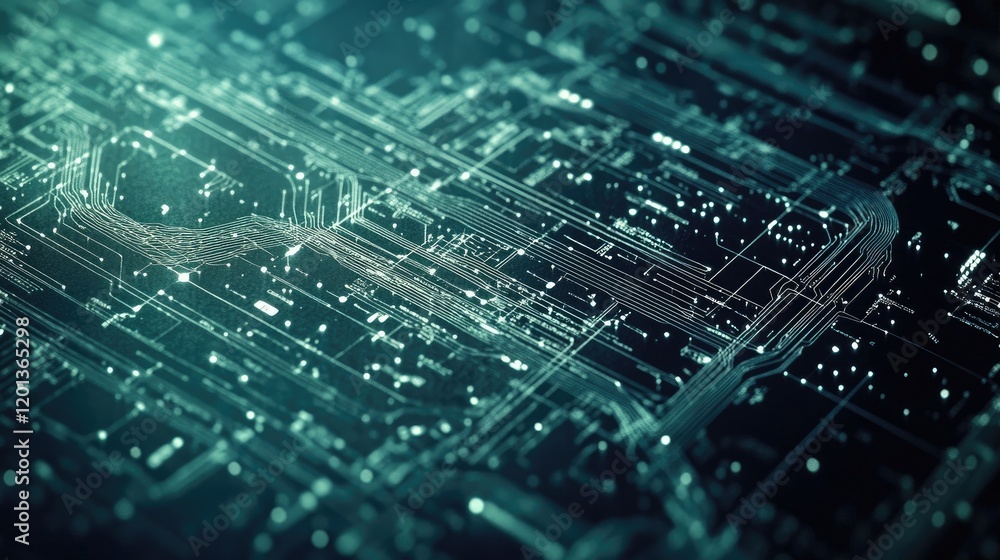 Poster futuristic digital grid with interconnected lines and nodes in blue tones, symbolizing technology an