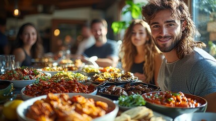 A group of friends is savoring a meal together at a restaurant