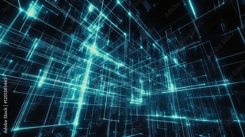 Poster futuristic digital grid with interconnected lines and nodes in blue tones, symbolizing technology an