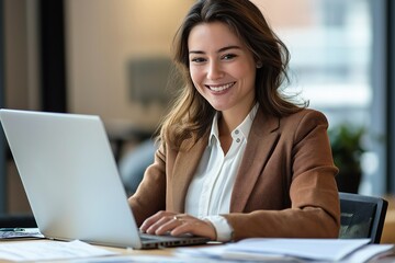 Person working on a laptop in an office setting, background, illustration