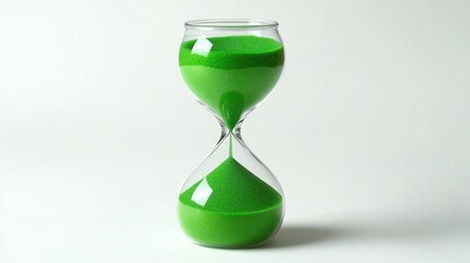 Glass hourglass with vibrant green sand, set on a white background with the sand slowly streaming to the bottom