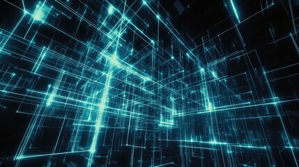 Obraz premium Futuristic digital grid with interconnected lines and nodes in blue tones, symbolizing technology and modern graphics