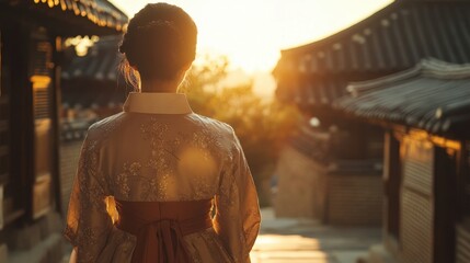 Obraz premium Back view of korean asian woman in traditional korean dress or hanbok dress walking in old palace in night with full moon, Seoul city, South Korea,copy space.