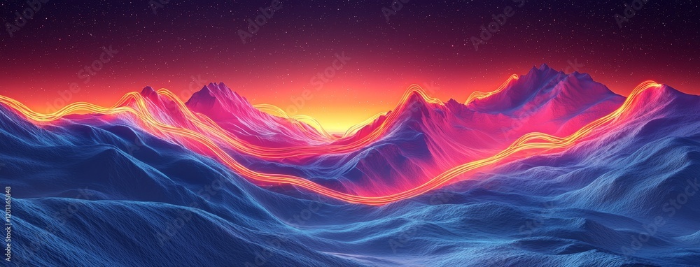 Poster in a surreal setting, rocky mountains are juxtaposed with neon, curvy, colorful lines that move flui