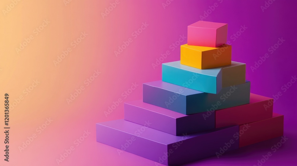 Poster isometric stacked bar graph in bright colors with a reflective base, representing data analysis and 