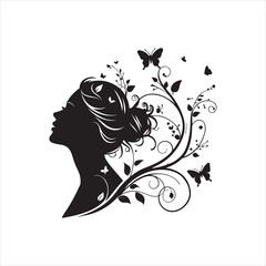 Elegant Woman Silhouette with Butterflies and Swirling Design
