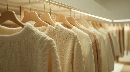 Fototapeta premium Beige and white fashion Clothes on a clothing hanger,knitwear and hoodies on hangers,Minimal fashion clothes on a rack,Fashion blog, website, social media,store in shopping mall,sale online.