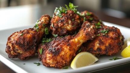 Large, crispy fried chicken breast piece on a white plate, with a light garnish of parsley and lemon wedge for a fresh look