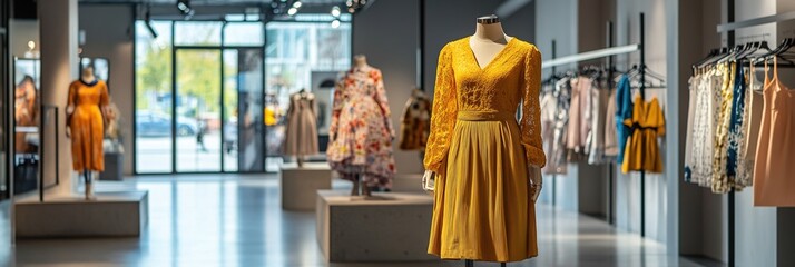 Fototapeta premium Elegant Spring Fashion Showcase: Modern Female Model Presenting Stylish Ensemble in Sophisticated Boutique Setting. Chic Interior Design with Gray Walls, Concrete Floors, and Bright Lighting Enhancing