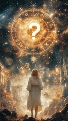 Fototapeta premium The girl walks toward a glowing question mark that floats in the air against a magical and cosmic background.