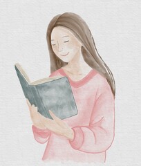 Girl reading. Education process. Pink sweater. Clip art for your designs of posters or infographics.