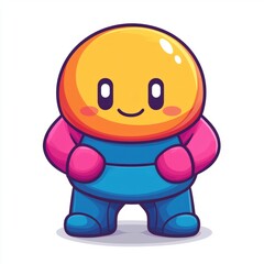 Happy cartoon character with a round head and blue suit