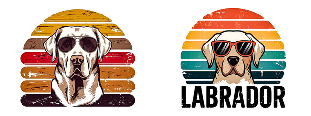 Vintage retro sunset distressed design, labrador facing camera with sunglasses, isolated on a white background Clipart animal illustration