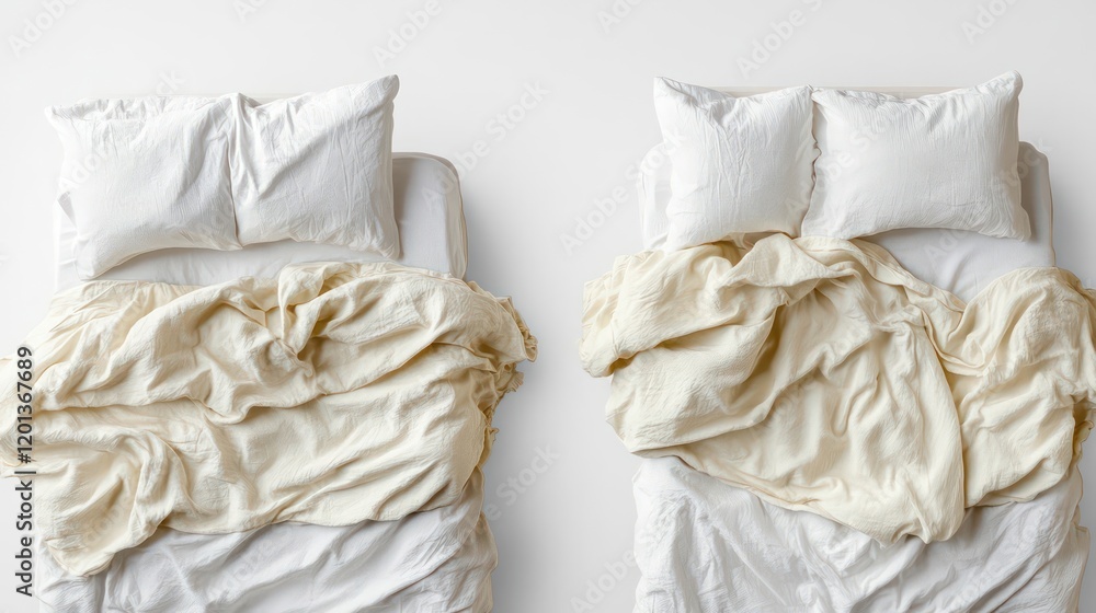 Poster blankets and pillows on empty double beds top view generative ai