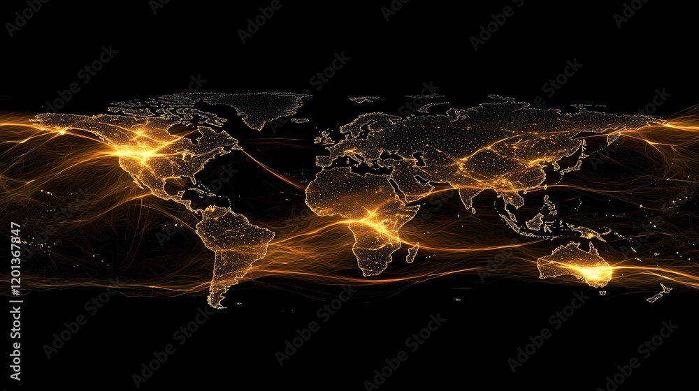 Poster Global network connections, world map with glowing lines.