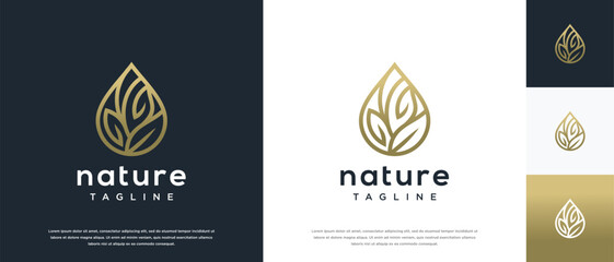 Leaf water drop logo design. Nature leaf water line logo template.