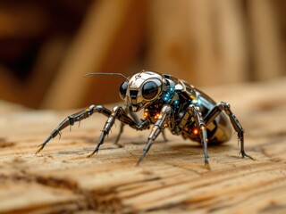 Fototapeta premium Cybernetic Insect: Futuristic Robotic Beetle on Wooden Surface