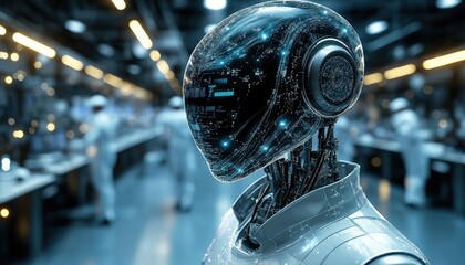 Fototapeta premium Robotics Lab Robot Profile in Factory Setting With Team Working