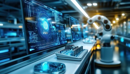 Robotics Lab Data Display on Screens in Advanced Tech Manufacturing Setting