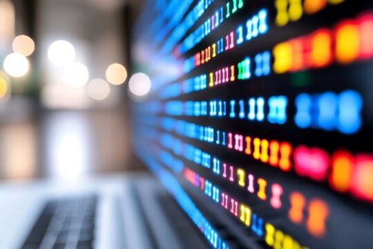 Office laptop displays data stream; blurred background. Stock photo for technology, finance, coding