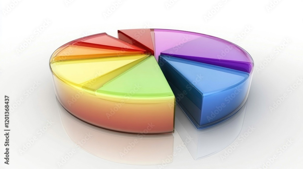 Poster multi-segmented pie chart in gradient colors, floating on a transparent surface, symbolizing diverse