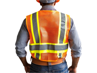 Worker in Safety Vest and Hard Hat Isolated on Transparent Background