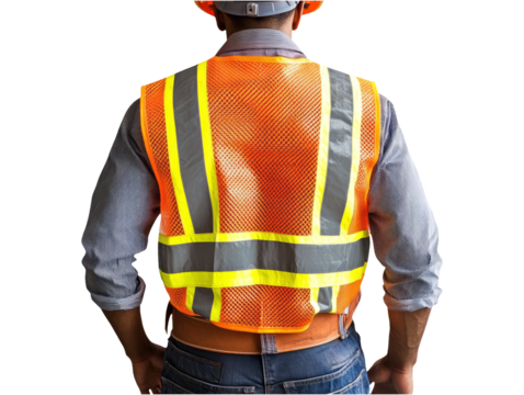 Worker in Safety Vest and Hard Hat Isolated on Transparent Background