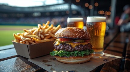 At the bustling stadium, fervent fans relish traditional ballpark meals including burgers, fries, and chicken, surrounded by the game day cheer