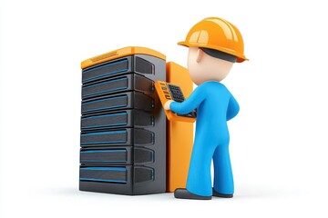 Technician with Orange Helmet Working on Server Rack Equipment