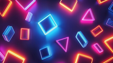 Vibrant neon shapes on dark background.