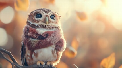 Owl wearing glasses and scarf perched on branch during autumn with blurred background of falling leaves. Generative AI