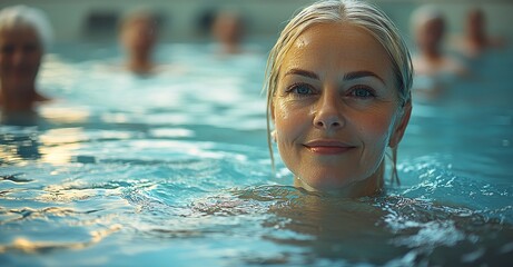 A dumbbell, a group, and a mature woman in a swimming pool for exercise, promoting a healthy body and strong muscles. Aqua therapy, water aerobics, and fitness classes for the rehabilitation or