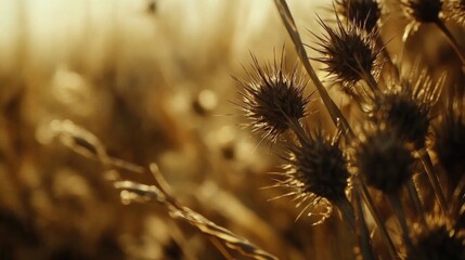 Golden hour thistle field, sunset background, nature photography, website banner
