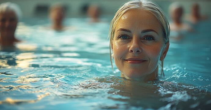 A dumbbell, a group, and a mature woman in a swimming pool for exercise, promoting a healthy body and strong muscles. Aqua therapy, water aerobics, and fitness classes for the rehabilitation or