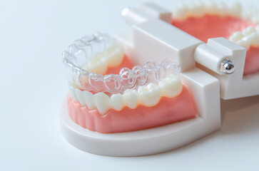 Invisible dental teeth brackets teeth aligners on blue background. Plastic braces dentistry retainers to straighten teeth on a white background