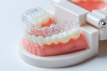 Close-up. Transparent aligners are placed over the teeth of an artificial jaw.