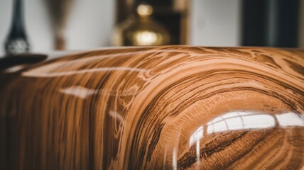 Close-up of a polished wood surface with intricate patterns reflecting light in a modern interior setting.