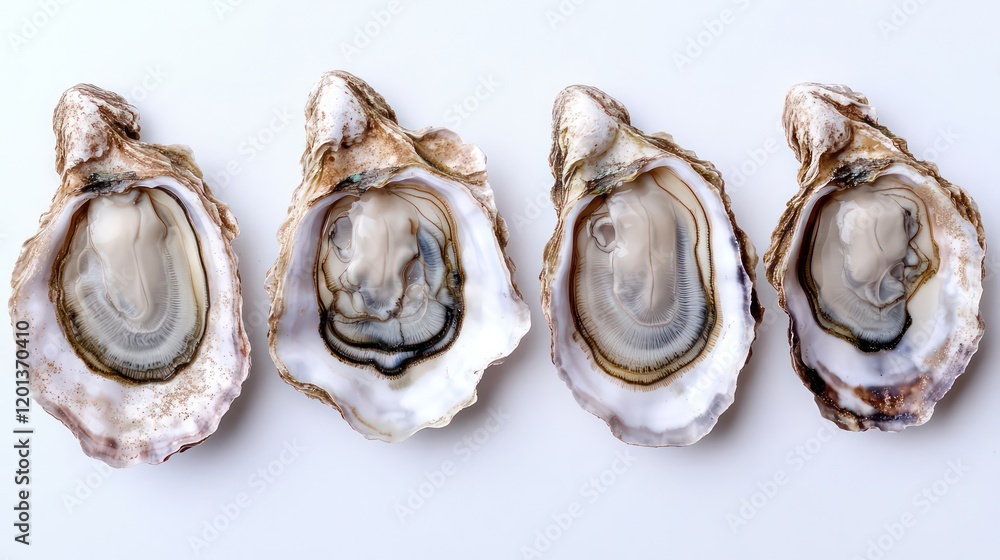 Poster fresh raw oysters displayed on a white surface generative ai