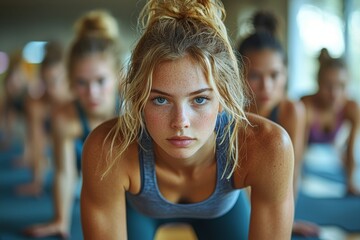 Participants in a group fitness class at a modern studio hold the plank position, reflecting the inclusivity and community benefits of group exercise