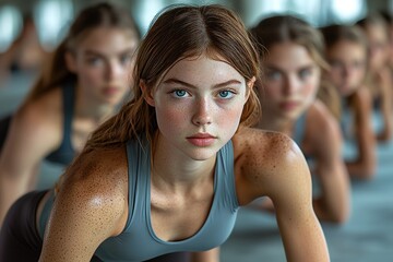 In a contemporary studio, participants in a group fitness class hold the plank position, highlighting the inclusivity and sense of community in group exercise