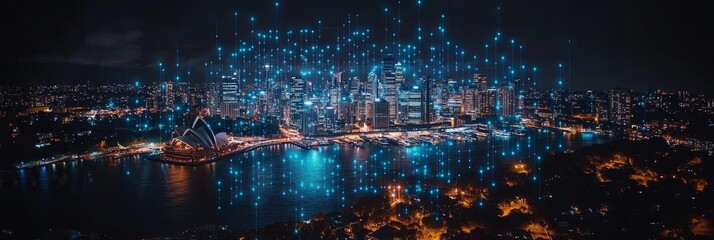 Fototapeta premium Sydney, Australia, at Night with Illuminating Skyline Connected by a Glowing Global Network