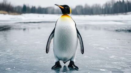 Fototapeta premium Majestic penguin on icy landscape wildlife photography in antarctica animal behavior serene environment close-up viewpoint