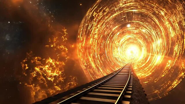 A fantastic journey along train tracks into a mystical glowing tunnel. Time travel and parallel worlds concept.