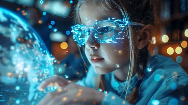A young girl immersed in technology, her glowing glasses reflecting digital details. The vibrant bokeh and futuristic energy highlight her curiosity and learning environment.