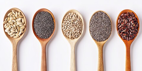 Assortment of Seeds in Wooden Spoons: Chia, Flax, Sunflower